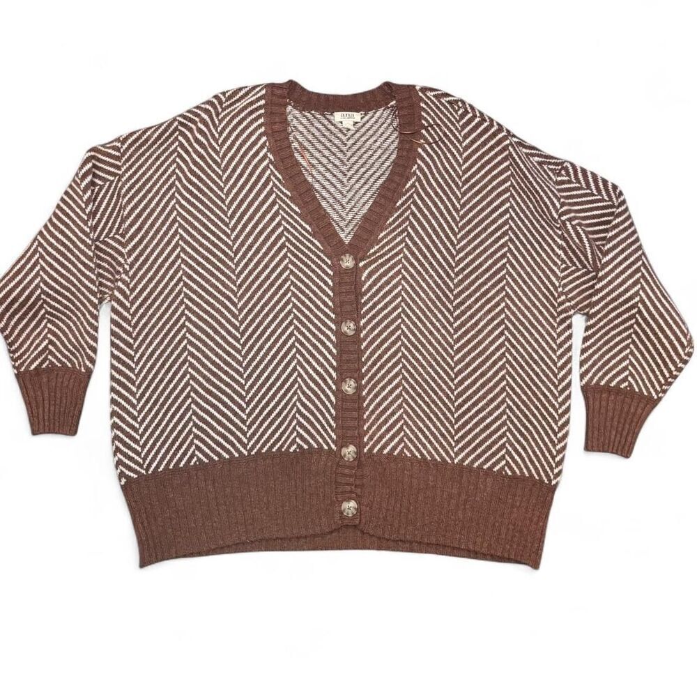 a.n.a. Women’s 1X Brown White Cardigan Sweater Soft Chevron Knit Button Front - Picture 2 of 8